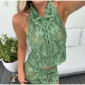 Women's Sexy Halter Backless 2 Piece Skirt Set Floral Embroidery Lapel Sleeveless Top And Mini Skirt Vacation Outfits For Women