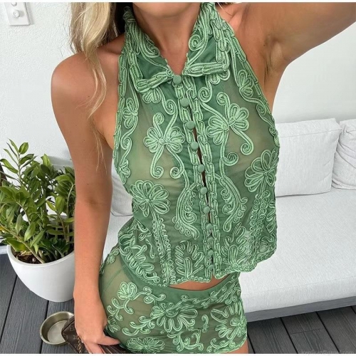 Women's Sexy Halter Backless 2 Piece Skirt Set Floral Embroidery Lapel Sleeveless Top And Mini Skirt Vacation Outfits For Women