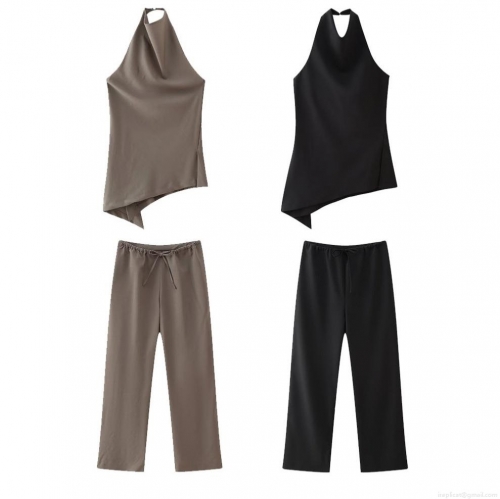 Women Halter Neck Asymmetrical Hem Sleeveless Top And High Waist Drawstring Wide Leg Pants Two Piece Set Solid Color Streetwear Casual Fashion Outfit