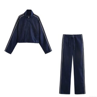 Women's Two Piece Denim Casual Set Navy Blue Striped Stand Collar Zip Jacket and High Waist Wide Leg Long Pants Streetwear Tracksuit