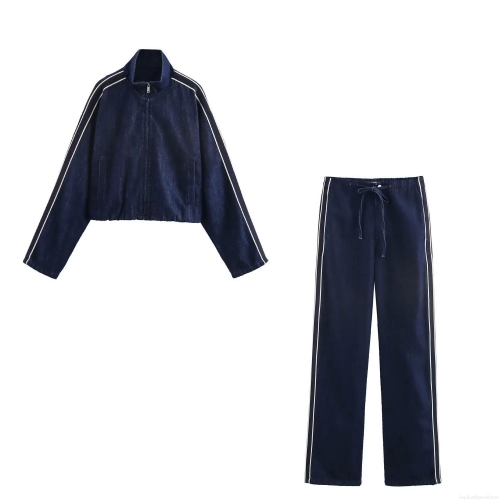 Women's Two Piece Denim Casual Set Navy Blue Striped Stand Collar Zip Jacket and High Waist Wide Leg Long Pants Streetwear Tracksuit