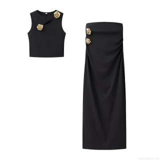 Women Sexy 2 Piece Skirt Set Sleeveless Cutout Crop Top And High Waist Maxi Skirt With Gold Stereoscopic Rose Decoration Polyester Party Streetwear Outfits