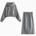 Womens Casual Grey 2-Piece Set Hooded Zipper Short Hoodie And Midi Straight Skirt Loungewear Fashion Streetwear Solid Color Outfits For Autumn Winter