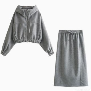 Womens Casual Grey 2-Piece Set Hooded Zipper Short Hoodie And Midi Straight Skirt Loungewear Fashion Streetwear Solid Color Outfits For Autumn Winter