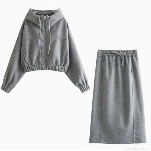 Womens Casual Grey 2-Piece Set Hooded Zipper Short Hoodie And Midi Straight Skirt Loungewear Fashion Streetwear Solid Color Outfits For Autumn Winter