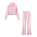 Women's Two-Piece Set Cropped Zip Up Hoodie And High Waist Flare Pants Sweatpants Casual Streetwear Cotton Blend Solid Color Outfits