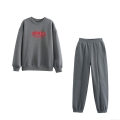 Women's Casual Grey Sweatshirt And Sweatpants Set Cotton Blend Printed Round Neck Long Sleeve Pullover With Jogger Pants Loungewear Two Piece Outfit For Fall Winter Streetwear
