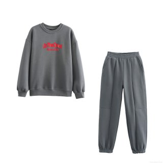 Women's Casual Grey Sweatshirt And Sweatpants Set Cotton Blend Printed Round Neck Long Sleeve Pullover With Jogger Pants Loungewear Two Piece Outfit For Fall Winter Streetwear