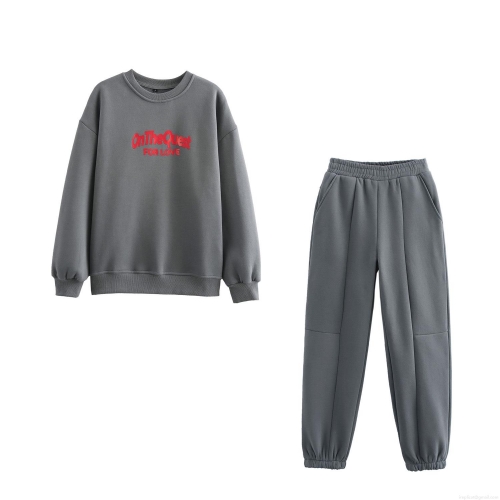 Women's Casual Grey Sweatshirt And Sweatpants Set Cotton Blend Printed Round Neck Long Sleeve Pullover With Jogger Pants Loungewear Two Piece Outfit For Fall Winter Streetwear