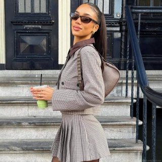 Women Retro Plaid Cropped Blazer Jacket And Pleated Mini Skirt Two Piece Set Vintage Houndstooth Long Sleeve Lapel Coat Skirt Outfit Fashion