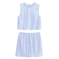 Women Blue Gingham Seersucker Two Piece Set Sleeveless Round Neck Crop Top And Ruffled Mini Skirt Summer Casual Outfits