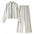Women's Casual Two Piece Outfits Contrast Stripe Stand Collar Zip-Up Jacket And Wide Leg Pants Set Streetwear Tracksuit Sporty Sweatsuits
