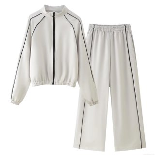 Women's Casual Two Piece Outfits Contrast Stripe Stand Collar Zip-Up Jacket And Wide Leg Pants Set Streetwear Tracksuit Sporty Sweatsuits