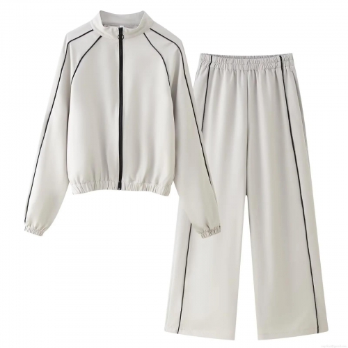 Women's Casual Two Piece Outfits Contrast Stripe Stand Collar Zip-Up Jacket And Wide Leg Pants Set Streetwear Tracksuit Sporty Sweatsuits