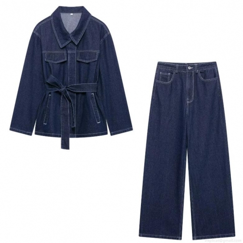 Women's Casual Two Piece Denim Set Long Sleeve Tie Waist Contrast Stitching Lapel Jacket And High Waist Wide Leg Long Pants Streetwear Outfits