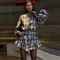 Women Plaid 2-Piece Skirt Set Long Sleeve Puff Sleeve Shirt And Ruffled Mini Skirt Acid Wash Checkered Streetwear Outfits Fashion Casual Suit