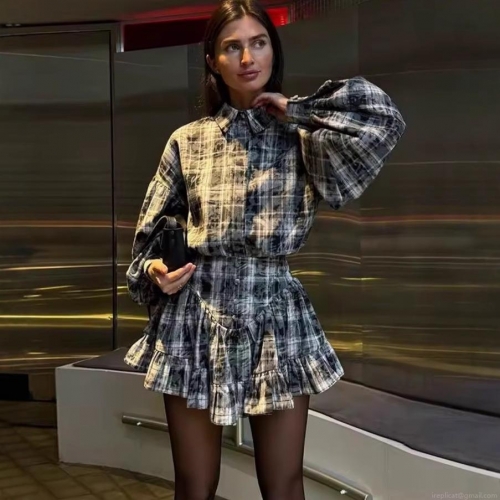 Women Plaid 2-Piece Skirt Set Long Sleeve Puff Sleeve Shirt And Ruffled Mini Skirt Acid Wash Checkered Streetwear Outfits Fashion Casual Suit