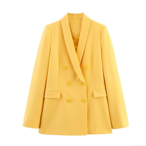 Yellow Polyester Double-Breasted Women's Blazer And High Waist Front Split Straight Pants Set Elegant Office Party Long Sleeve Suit Set For Women