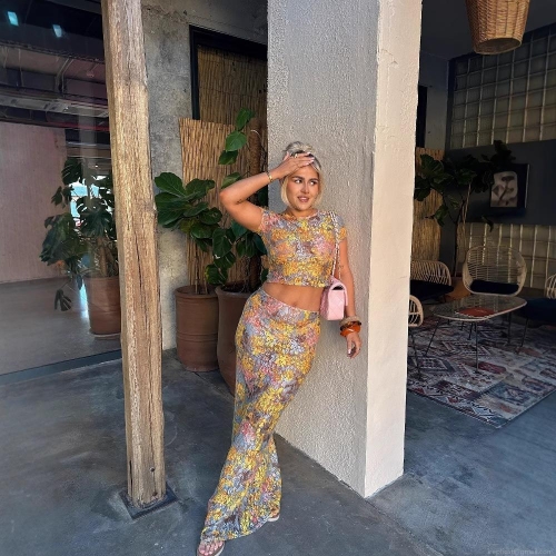 Women Floral Lace Two Piece Skirt Set Short Sleeve Round Neck Crop Top And High Waist Bodycon Maxi Skirt Set Multicolor Summer Beach Vacation Outfits Streetwear For Women