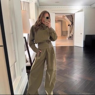 Women's Casual Two Piece Cargo Set Stand Collar Asymmetrical Zipper Short Jacket and High Waist Wide Leg Pocket Pants Streetwear Utility Outfits