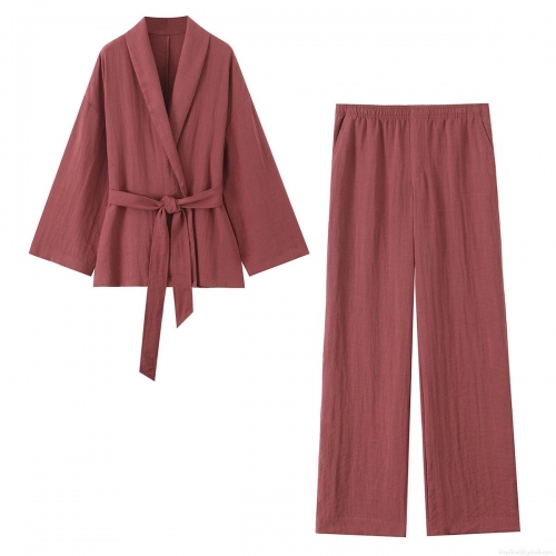 Women's Solid Color Two-Piece Set Polyester Linen Texture Belted Wrap Top and Wide Leg Pants Casual Loose Loungewear Streetwear Set for Women