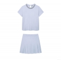 Women's Two Piece Knit Skirt Set Rhinestone Embellished Round Neck Short Sleeve Top and High Waist Pleated Mini Skirt Light Blue Casual Fashion Outfit