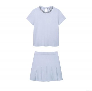 Women's Two Piece Knit Skirt Set Rhinestone Embellished Round Neck Short Sleeve Top and High Waist Pleated Mini Skirt Light Blue Casual Fashion Outfit