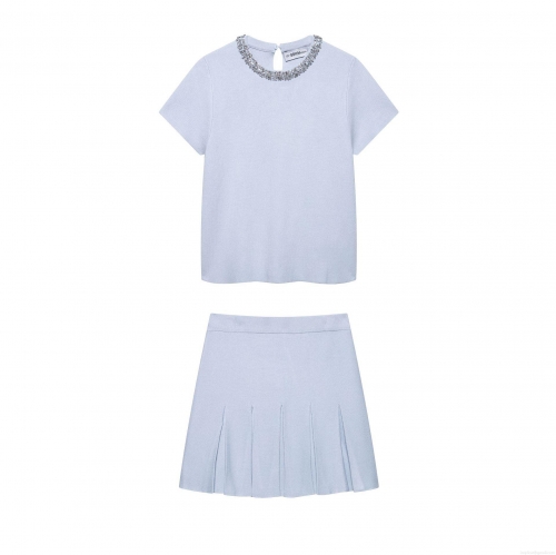 Women's Two Piece Knit Skirt Set Rhinestone Embellished Round Neck Short Sleeve Top and High Waist Pleated Mini Skirt Light Blue Casual Fashion Outfit