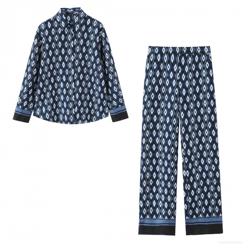 Women's Geometric Print 2 Piece Outfits Set Long Sleeve Turn-down Collar Button Down Shirt And High Waist Wide Leg Pants Suit Casual Streetwear