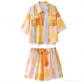 Women's Casual Two Piece Set Abstract Geometric Print Button Down Lapel Shirt and Elastic Waist Shorts 100% Polyester Woven Outfits for Summer Beach Vacation