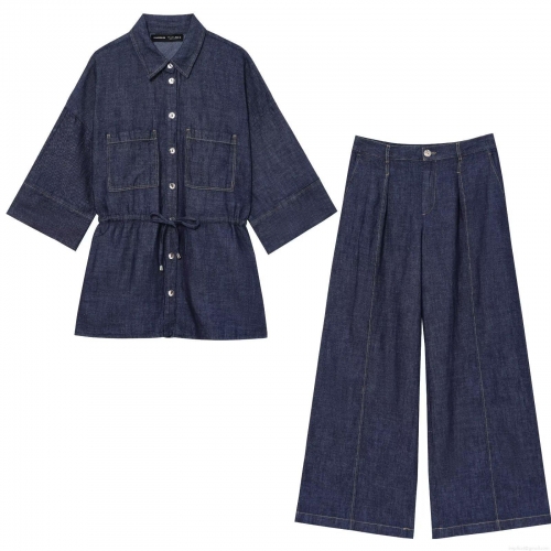 Women's Casual Denim Two-Piece Set Dark Blue Short Sleeve Drawstring Shirt And Wide Leg Pants Set High Waist Jean Co-ord Outfit For Women Streetwear