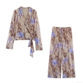 Women's 2 Piece Mesh Set Leopard Floral Print Long Sleeve Wrap Tie Front Top and Wide Leg Pants Casual Streetwear Fashion Outfit