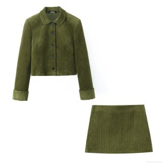 Women Vintage Corduroy Two Piece Set Solid Color Ribbed Single Breasted Crop Jacket And A-Line Mini Skirt Outfit Streetwear Long Sleeve Fall Skirt Suit