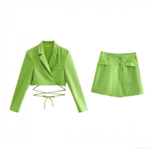 Women Sexy Lime Green Two Piece Set Cropped Tie-up Blazer Jacket And Mini A-line Skirt Suit Streetwear Party Outfits