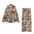 Women's Casual Tie-Dye Shirt and Pants Set Long Sleeve Button Down Blouse and Wide Leg Drawstring Trousers Streetwear Earth Tone Satin Finish Two-Piece Outfit