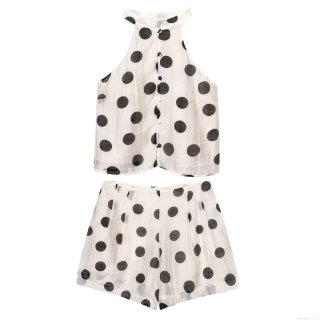 Women's Retro Polka Dot Two Piece Set Tencel Cotton Blend Breathable Halter Neck Sleeveless Top And High Waist Shorts Summer Vacation Outfit