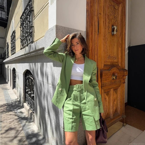 Elegant Green Women's Blazer and Shorts 2-Piece Suit Set Solid Color Linen-Like Long Sleeve Jacket with Belt High Waisted Casual Shorts Set