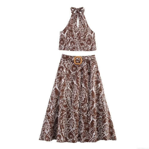 Women Bohemian Paisley Eyelet Embroidery Two Piece Set Halter Neck Crop Top And A-Line Midi Skirt With Wood Belt Buckle Summer Vacation Beach Outfit