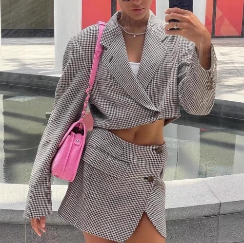 Women Elegant Houndstooth Skirt Set Polyester Short Blazer Jacket And High Waist Mini Skirt 2 Piece Set For Office Party Streetwear Sexy Fashion Outfits