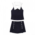 Women's Contrast Lapel Sleeveless Vest Top Or Double Breasted Mini Skirt Casual Streetwear Two Piece Co-ord Set Summer Outfit For Women