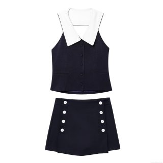Women's Contrast Lapel Sleeveless Vest Top Or Double Breasted Mini Skirt Casual Streetwear Two Piece Co-ord Set Summer Outfit For Women