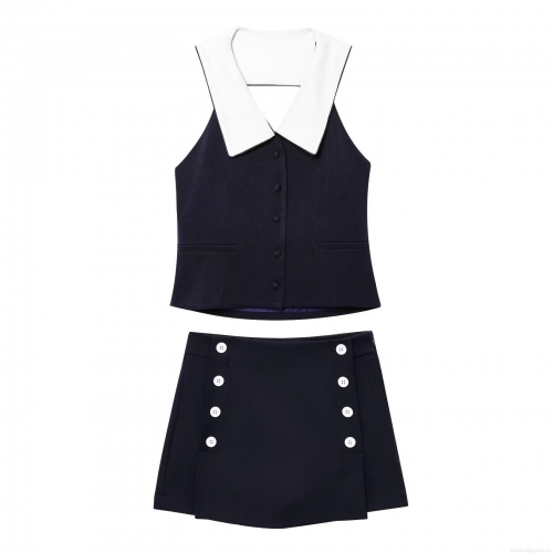 Women's Contrast Lapel Sleeveless Vest Top Or Double Breasted Mini Skirt Casual Streetwear Two Piece Co-ord Set Summer Outfit For Women