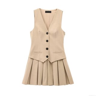Women's Elegant Apricot Two Piece Set V Neck Single Breasted Vest And High Waisted Wide Pleated Mini Skirt Set Celebrity Style Outfit For Party Office Lady