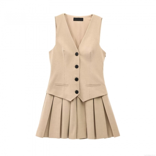 Women's Elegant Apricot Two Piece Set V Neck Single Breasted Vest And High Waisted Wide Pleated Mini Skirt Set Celebrity Style Outfit For Party Office Lady