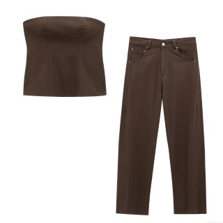 Women's Two Piece Set Strapless Zip Up Tube Top And High Waisted Straight Leg Pants Polyester Twill Fabric Solid Color Streetwear Casual Vacation Outfit For Lady