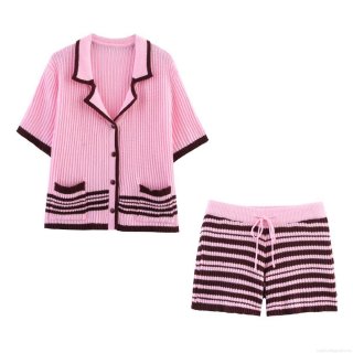 Women's Knitted Two Piece Set Pink Striped V Neck Polo Cardigan Short Sleeve Button Down Top And High Waist Drawstring Shorts Casual Loungewear Suit