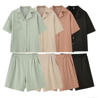 Women's French Style Two Piece Set 70% Cotton 30% Polyester Short Sleeve Button Up Lapel Shirt And High Waist Elastic Shorts Casual Summer Loungewear Outfit