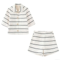 Women French Style Tweed Two Piece Set Striped Short Sleeve Jacket Coat And High Waist Shorts Elegant Gold Button Up Office Lady Casual Outfit For Summer Spring