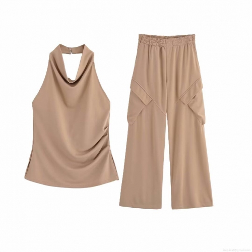 Women's Two Piece Outfits Halter Ruched Sleeveless Top And Wide Leg Cargo Pants Set Summer Casual Solid Color Streetwear Co-ords