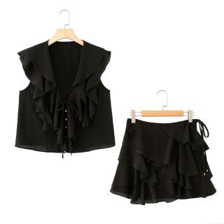 Women's Casual 2 Piece Set Layered Ruffle Sleeveless V Neck Shirt With Matching Ruffled Skort Solid Black Elegant Summer Outfit Streetwear Polyester Clothing